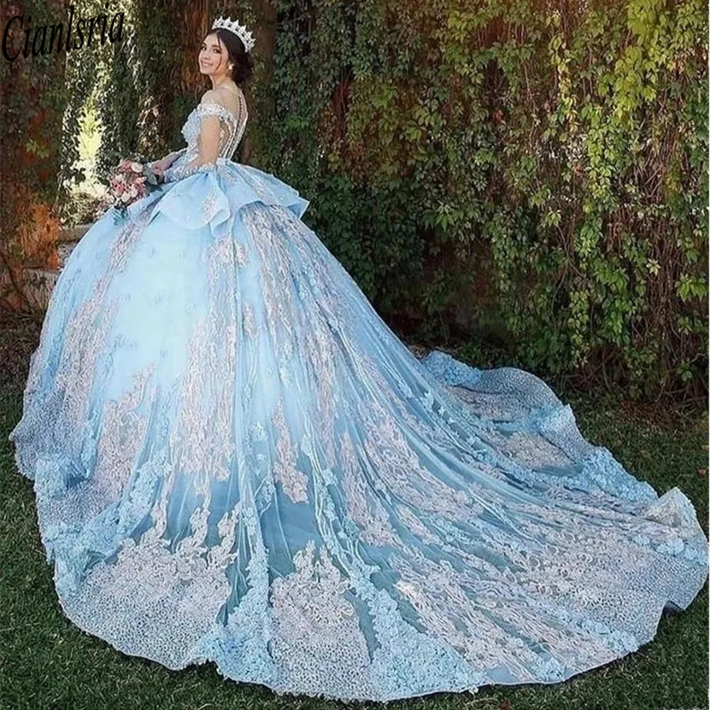 الأميرة الكرة ثوب الدانتيل فساتين Quinceanera السماء الزرقاء 15 الحلو 16 منتفخ ثلاثية الأبعاد الأزهار حجم كبير حفلة موسيقية رداء حفلات Vestidos دي