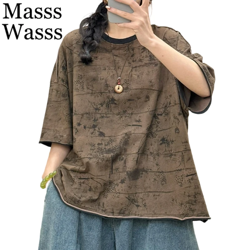 Masss Wasss British Design Loose Leisure Tops Ladies Classic Luxury O Neck Clothes Womens 2026 Spring Fashion Vintage T-shirts