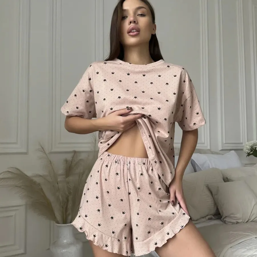 2025 Loungewear Can Be Worn Outside Set Fashion Printing Women's Pajamas Loose Two-piece Set Europe and America