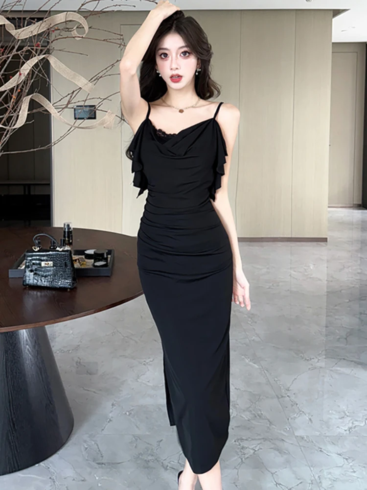 ฤดูร้อนสีดําจีบBodycon Chicลูกไม้สลิงชุดยาวเซ็กซี่ผู้หญิงElegant Ruffledพรหมชุด 2025 เกาหลีชุดราตรีวินเทจ