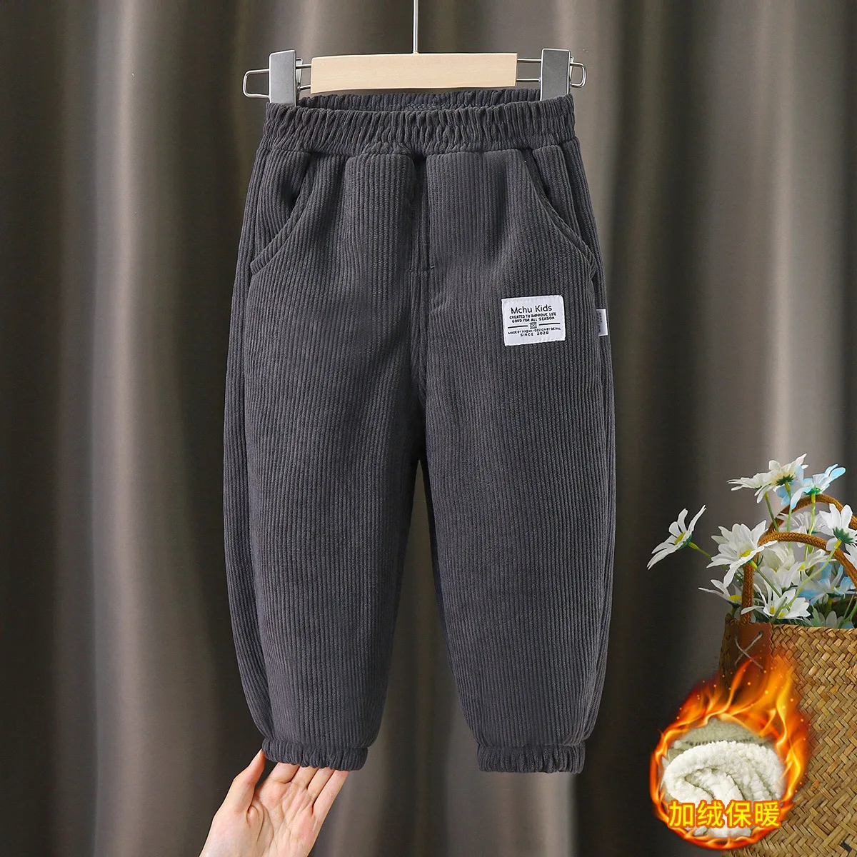 

Winter Kids Fleece Thick Cargo Pants Boys Solid Corduroy Sweatpant Young Children Casual Clothes Autumn Girls Warm Legging2-10Y