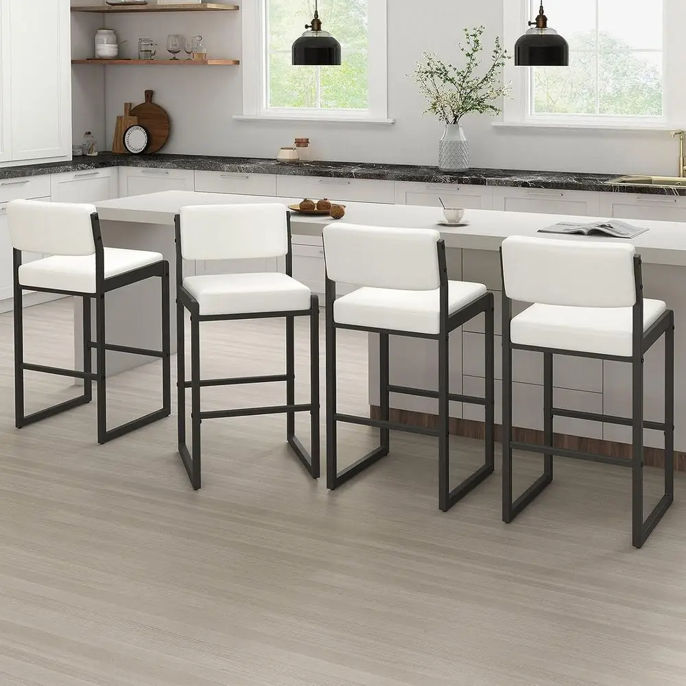 

Set of 4 30 Upholstered Counter Height Bar Stools with Backs, Metal Frame, White Leatherette, Suitable for Kitchen Island