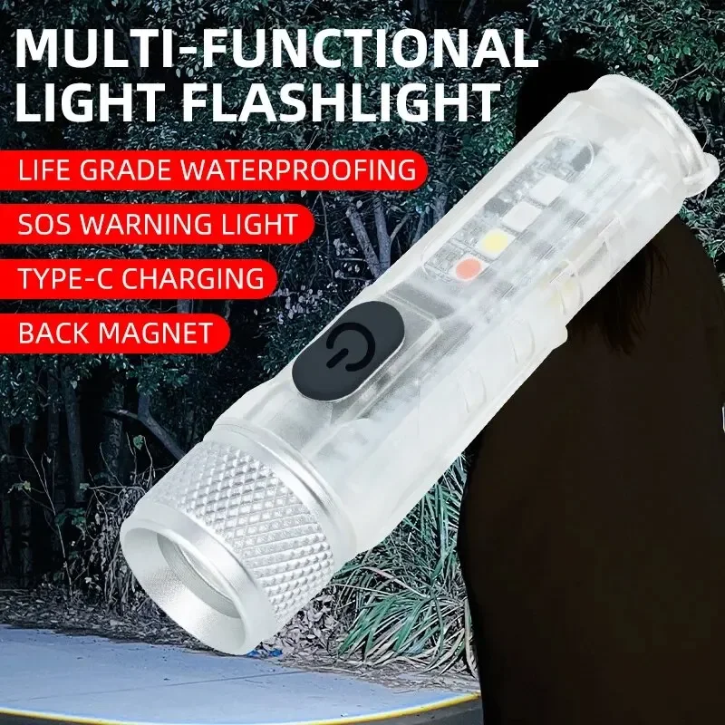

Mini LED Flashlight Type-C Waterproof Light Multi-Mode Flashlight Fluorescent Shell Clip Warning Lights Magnetic Key Chain Light