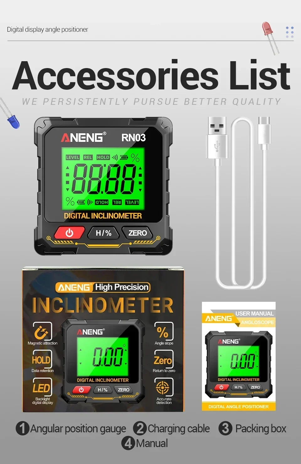 ANENG RN03 Neigungsmesser 0,05 ° Laser-Winkelmesser mit 4-Seiten-Magnet, LCD-Hintergrundbeleuchtung, Wiederaufladbarem 350mAh Akku – Detail 18