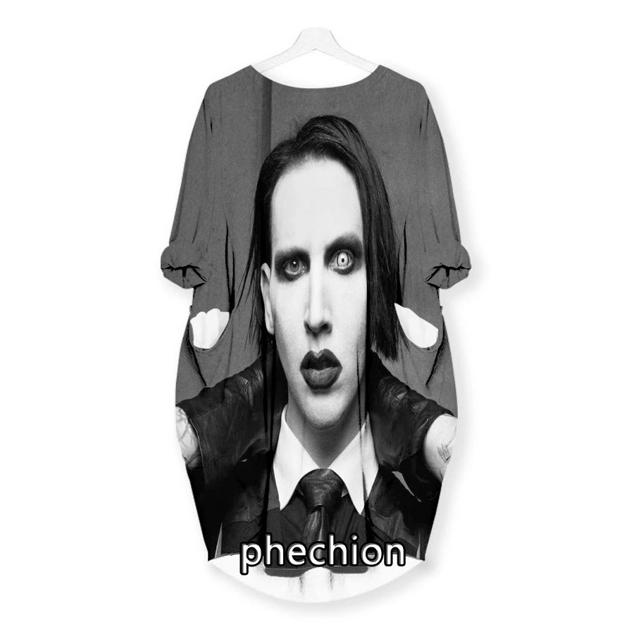 phechion New Fashion Marilyn Manson 3D Print Dresses Casual Mid-length Dress Women Clothing Pocket Long Sleeve Tops T56