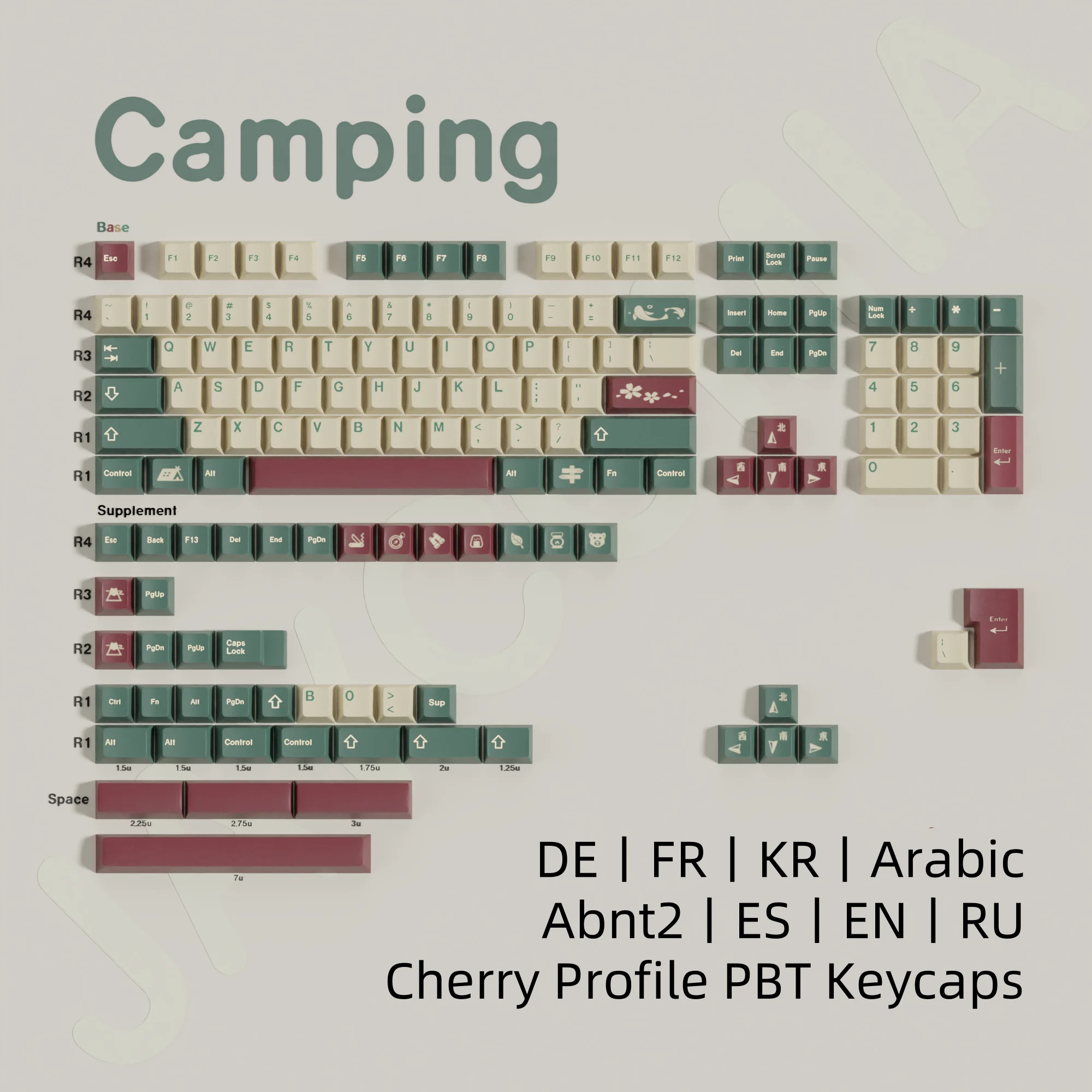 gmk camping keycaps perfil cereja material pbt iso alice layout 7u barra de espaco grande grupo alemao frances coreano espanhol arabe 01