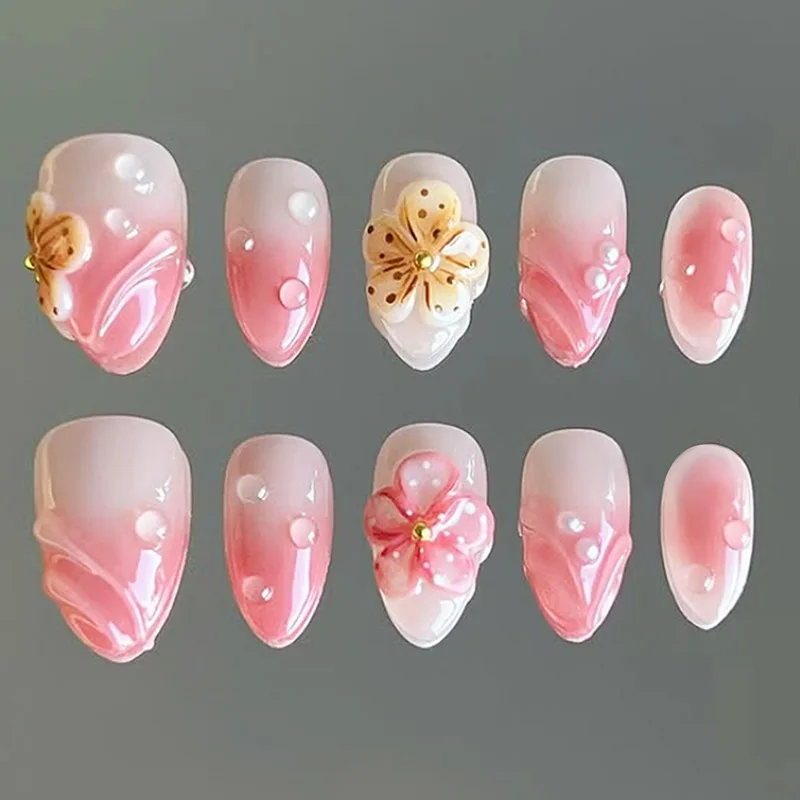 

24Pcs Pink Smudge 3D Flower Design False Nails Short Almond Press on Fake Nails Pearl Reusable Artificial Full Cover Nails Tips