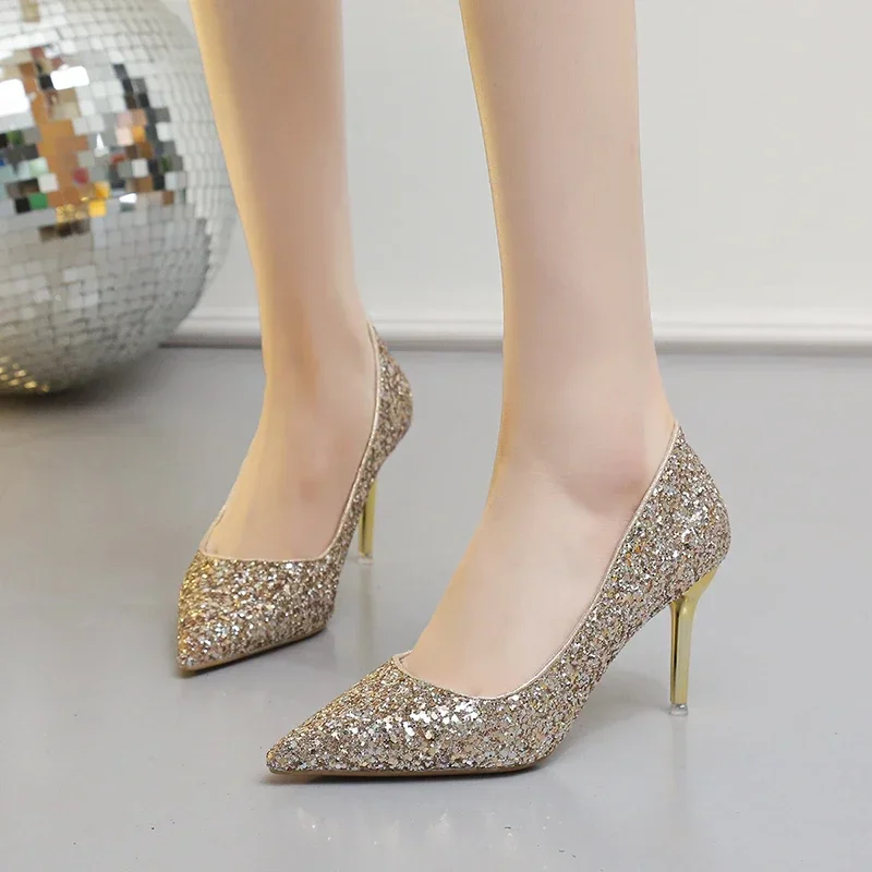 Fashion High Heels Women Sequins Thin Stiletto Banquet Wedding Shoes 2024 New Autumn /Winter Sexy Pointed Toe Ladies Party Shoes