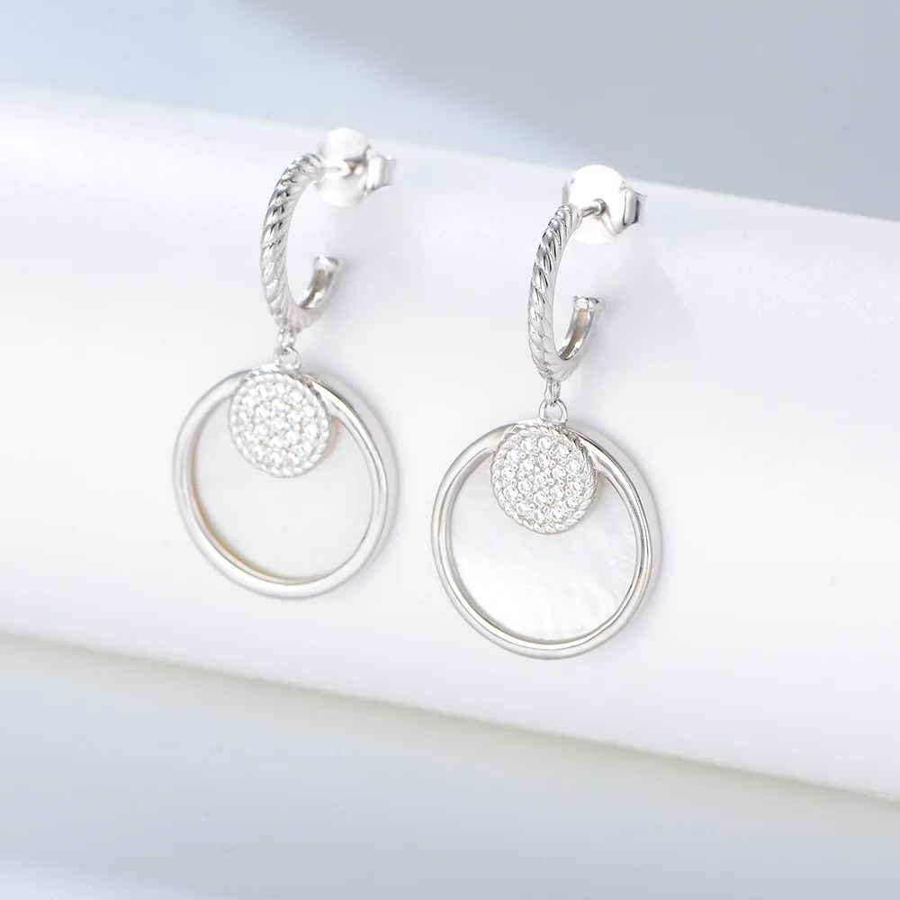 Minimalist S925 Silver Hoop Drop Earrings, Geometric Circle Mother of Pearl Shell, Micro Pave CZ Dangle Jewelry for Women
