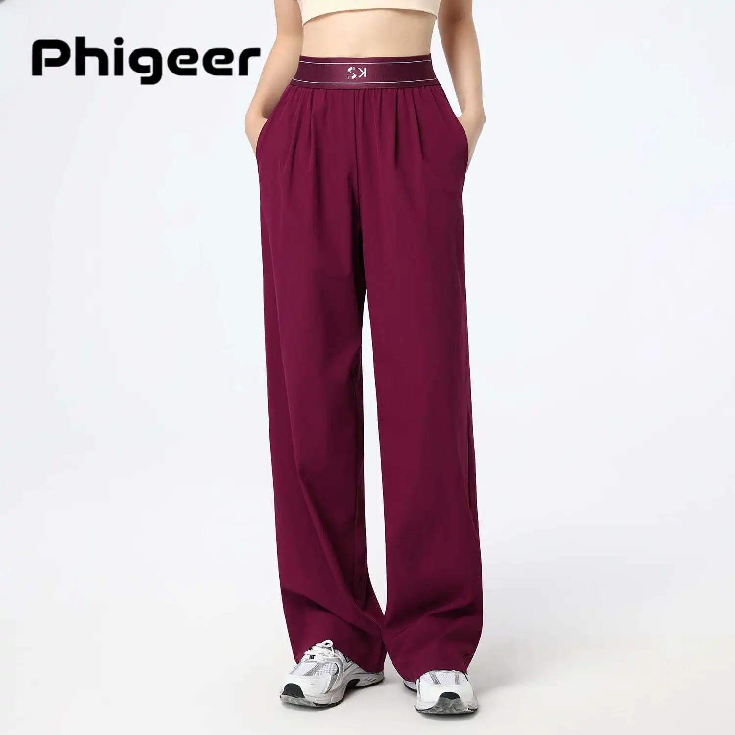 PHIGEER Damen-Yogahose, elastische Hose mit weitem Bein und Taschen, lockere Stretch-Lounge-Jogginghose, lässige Streetwear