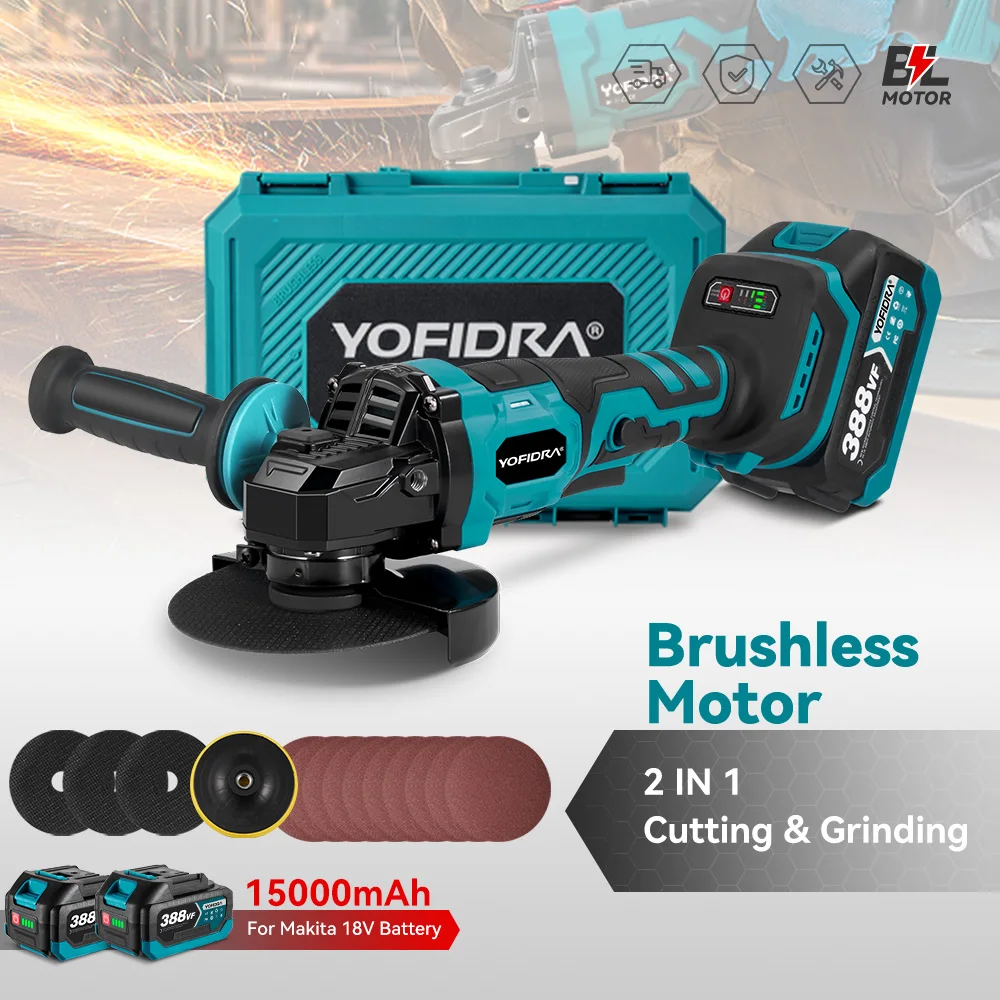 YOFIDRA 125mm Brushless Angle Grinder 3 Gears Cordless Efficient Cutting Polishing Woodworking Tool For Makita 18V-21V Battery