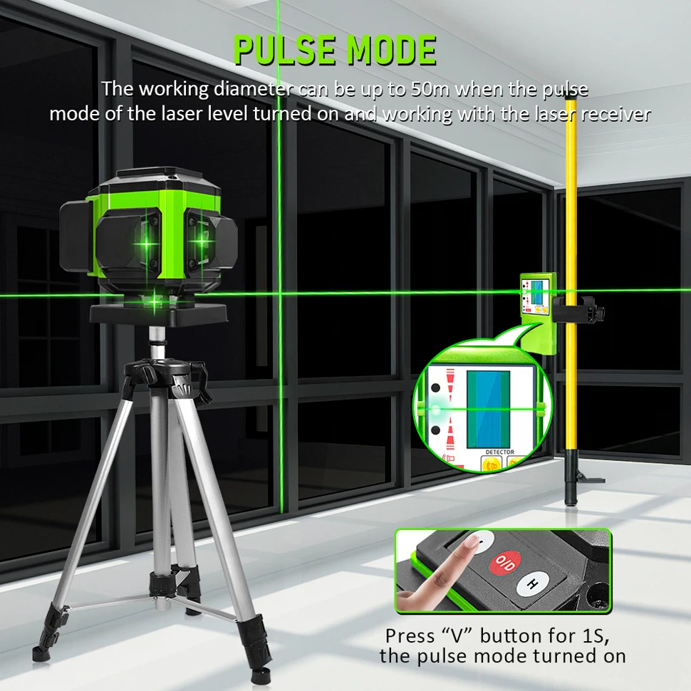 CLUBIONA-Control remoto autonivelante de 16/12 líneas para exteriores, receptor de modo automático, haz verde de línea de nivel láser, 3x360