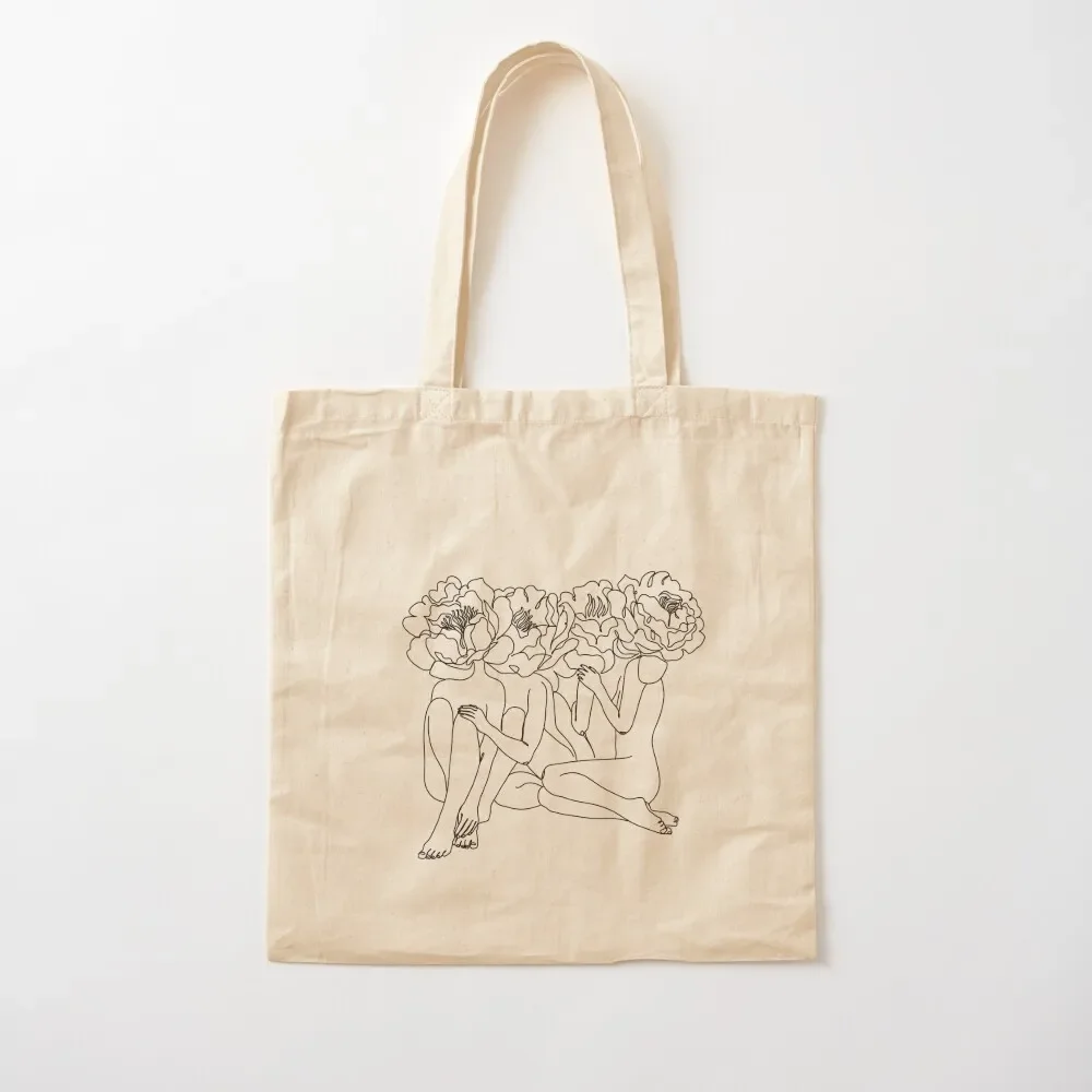 

Nude womans with flower heads line illustration. Woman body sexy art . Line drawing of girl. Beautiful woman minimal pr Tote Bag