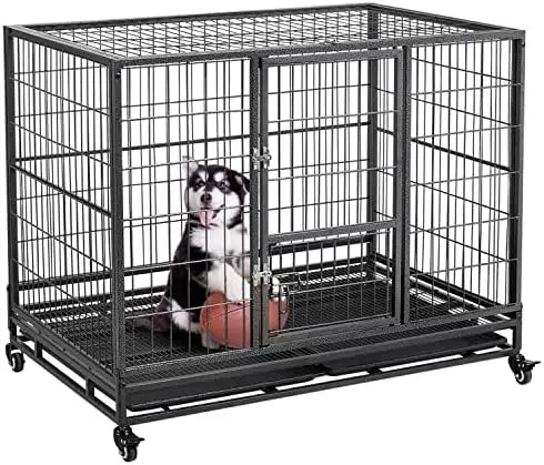 43 Inch Collapsible Open Top Metal Dog Crate w/Double Doors | Durable Frame, Pull-Out Trays, Anti-Escape Latches, Quick
