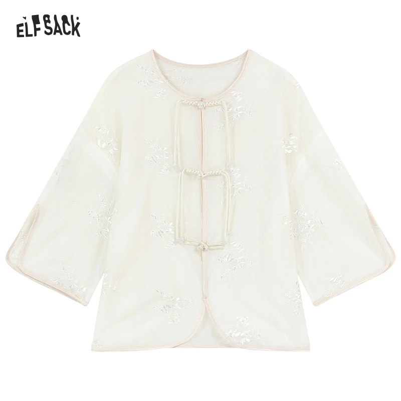 ELFSACK 2024 Summer New Arrivals Neo-Chinese Style Lace Stitching Frog Button Shirt Women Loose and Elegant Tops