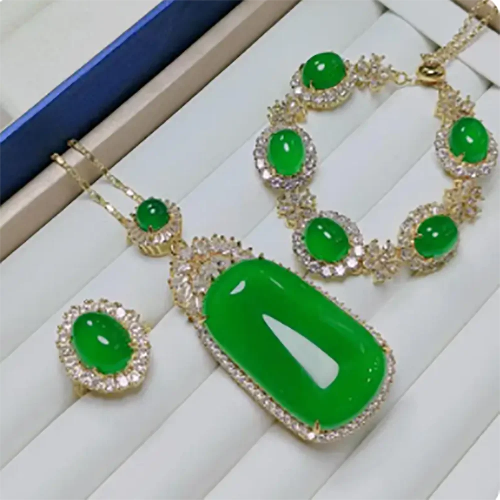 

Natural Green Jade Jewelry Set Women Myanmar Jadeite Pendant Necklace Ring Bracelet Luxury Jade Jewelries Sets Gifts For Ladies