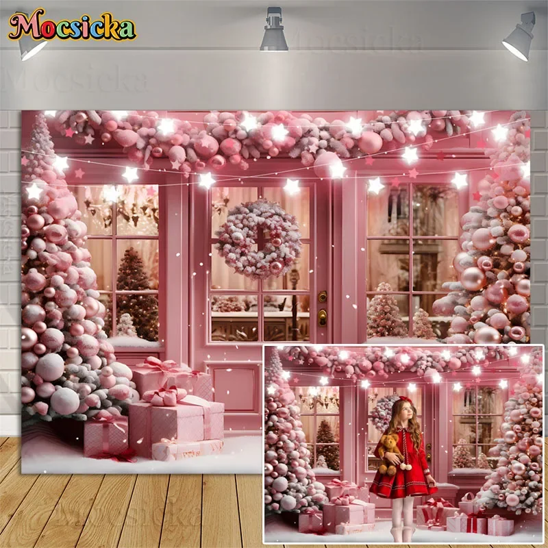 

Photography Background Pink Christmas Tree Window Winter Snow Xmas Decor Kids Cake Smash Family Portrait Backdrops Photo Studio