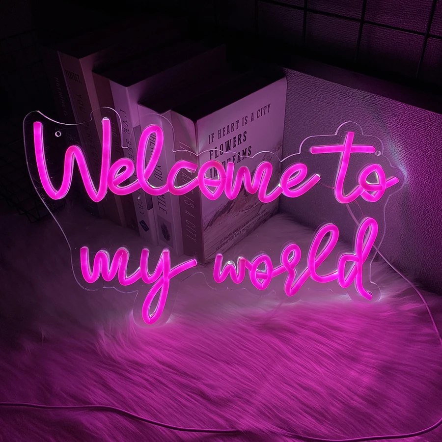 Welcome To My World Neon Led Sign,Letter Neon Signs for Wall Decor,Pink Neon Lights Signs with USB Powered for Bedroom,Gameroom