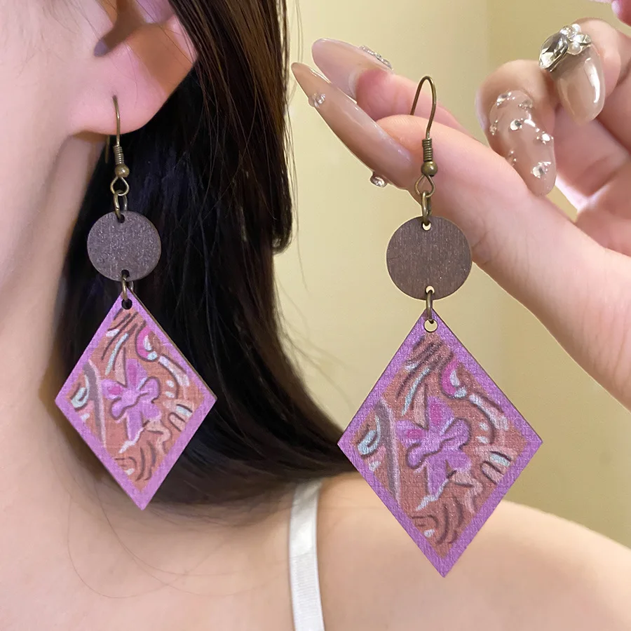 Pendientes Colgantes Redondos de Madera con Diseño de Rombo de Dos Capas, Pintados a Mano, Estilo Bohemio para Mujer, Joyería para Vacaciones