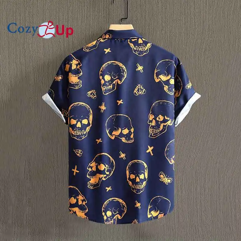 Navy Orange Skull Vintage Style Summer Shirt Men's Clothing Short Sleeve Casual Shirts For Men Blouse New