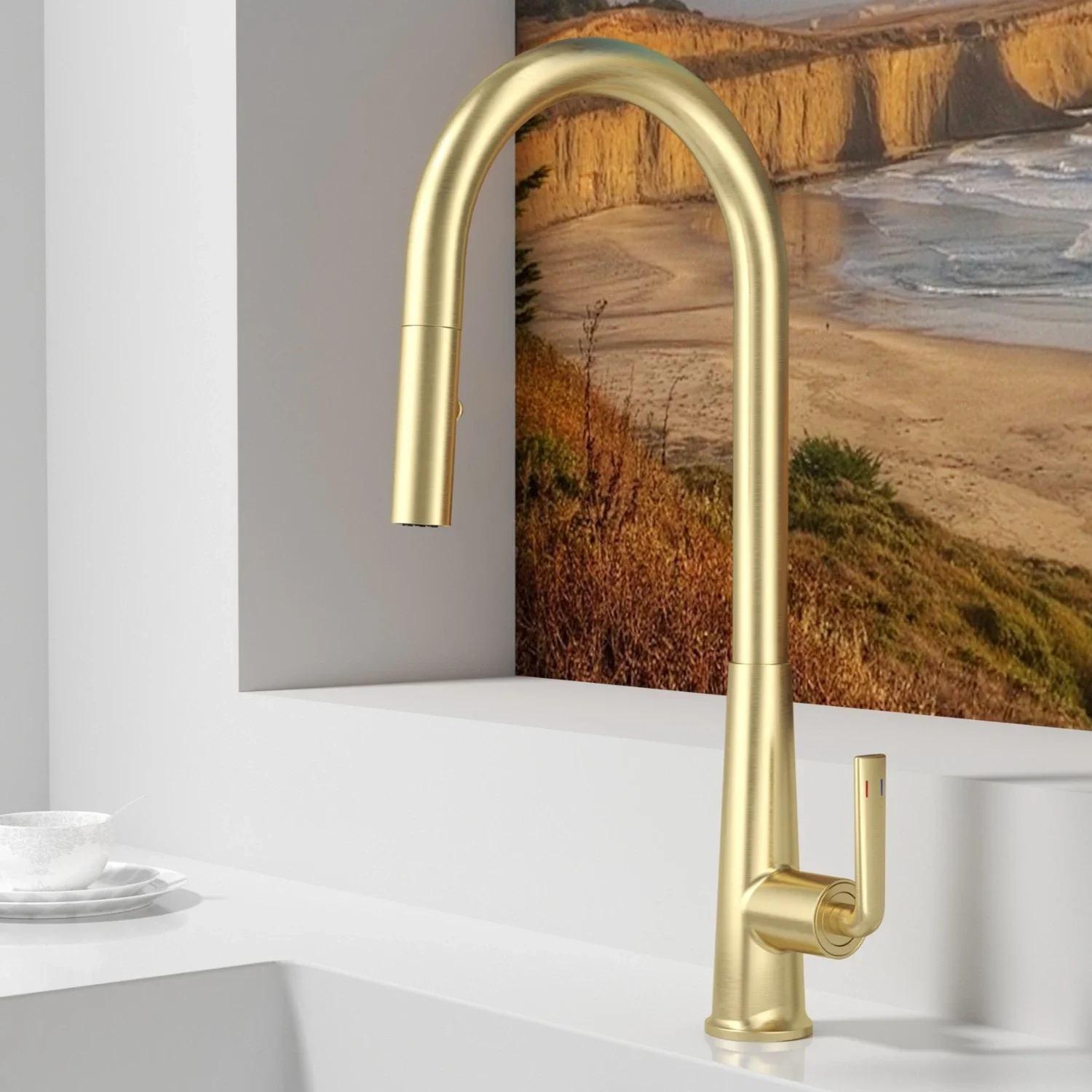 Brushed Gold Kitchen Faucet Pull Out Sprayer Hot Cold Water Sink Tap