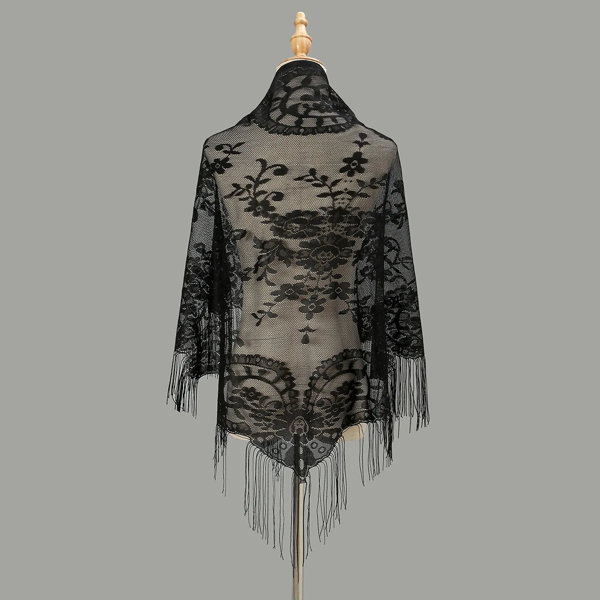 Hollow Long Fringed Shawl Women's Light Luxury Fashion Polyester Print Large Triangular Veil