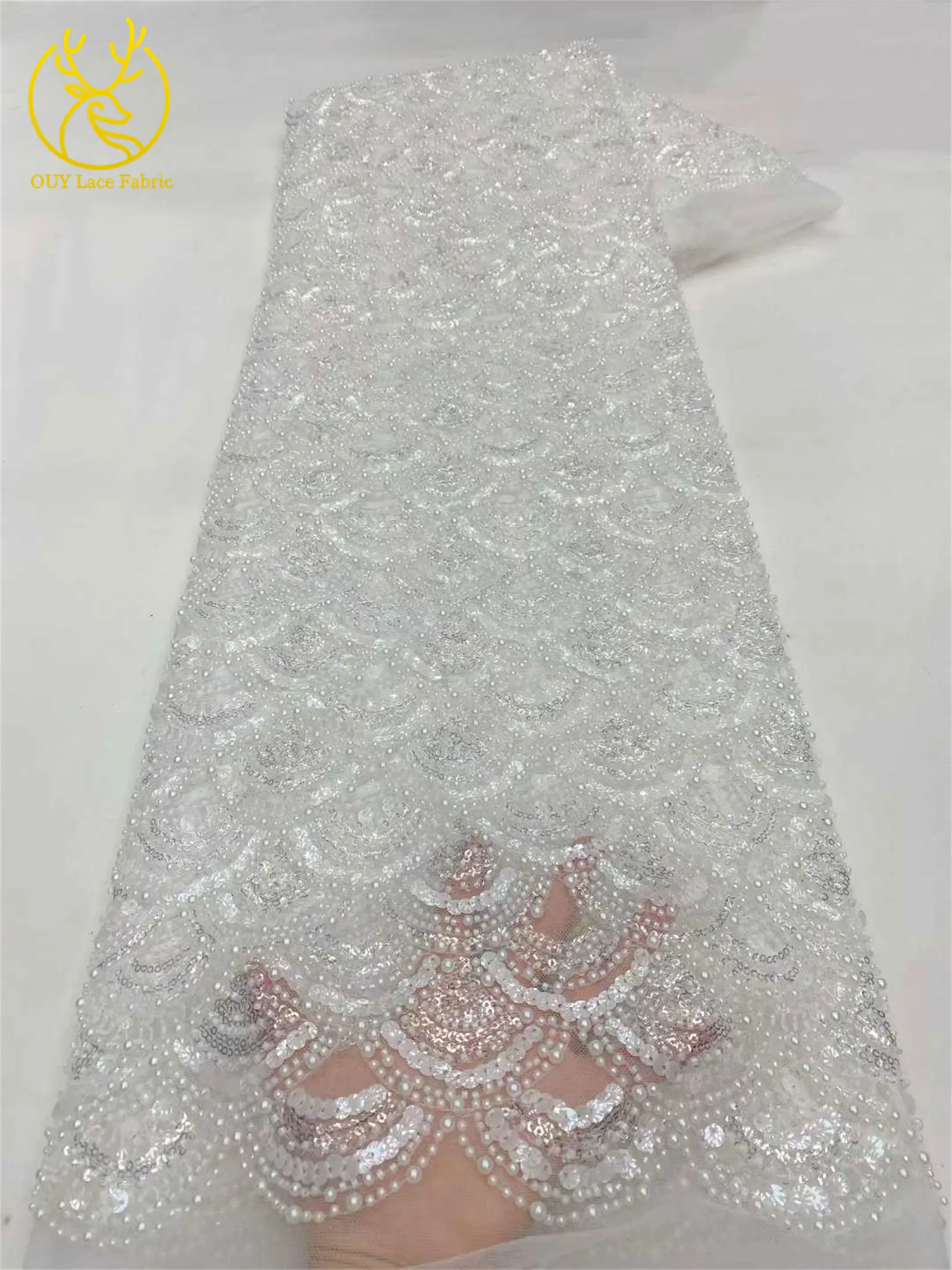Tiefblauer afrikanischer schwerer Perlen-Spitzenstoff 2026 Hochwertiger nigerianischer Pailletten-Spitzenstoff für Hochzeit, Party, Kleid, 5 Yards – Detail 7