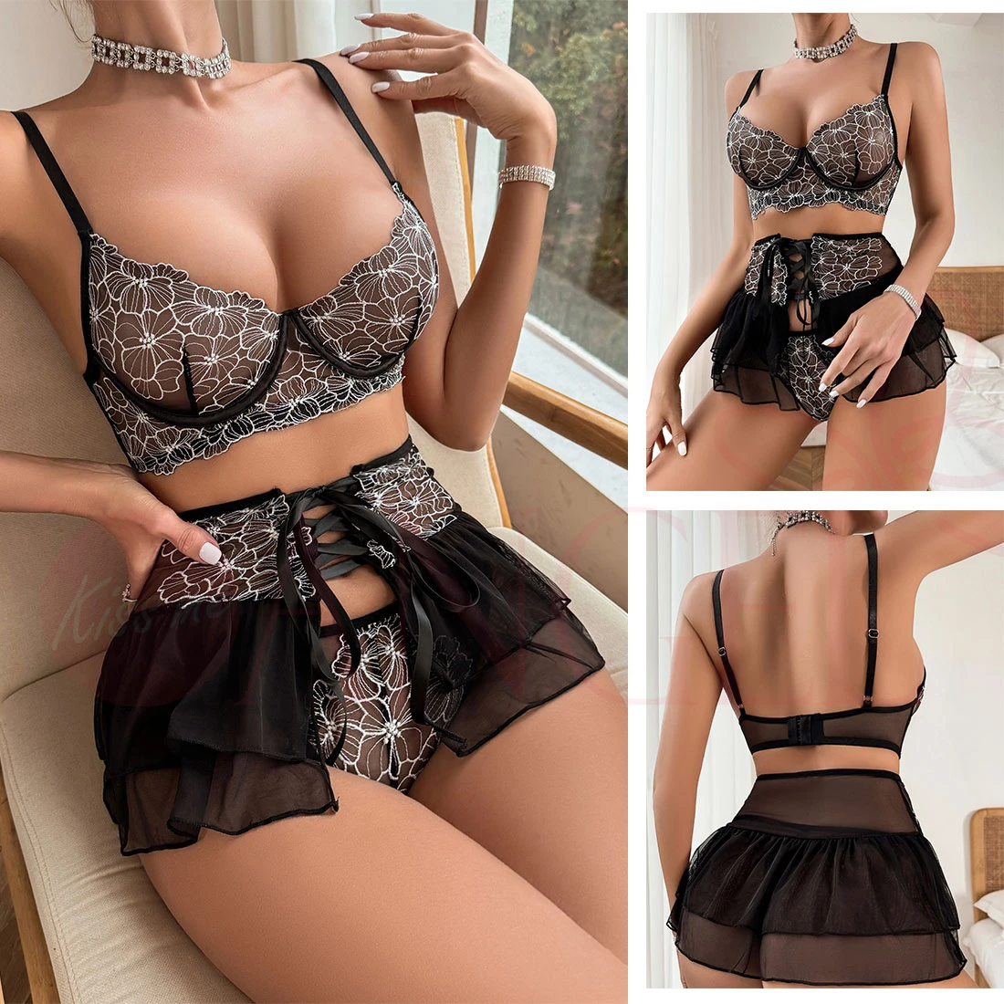 KISS ME ANGEL Lingerie Sexy Women Latex Female Underwear Gloves Women\'s Panties Woman Clothing Transparent Dress Push Up Bra Set