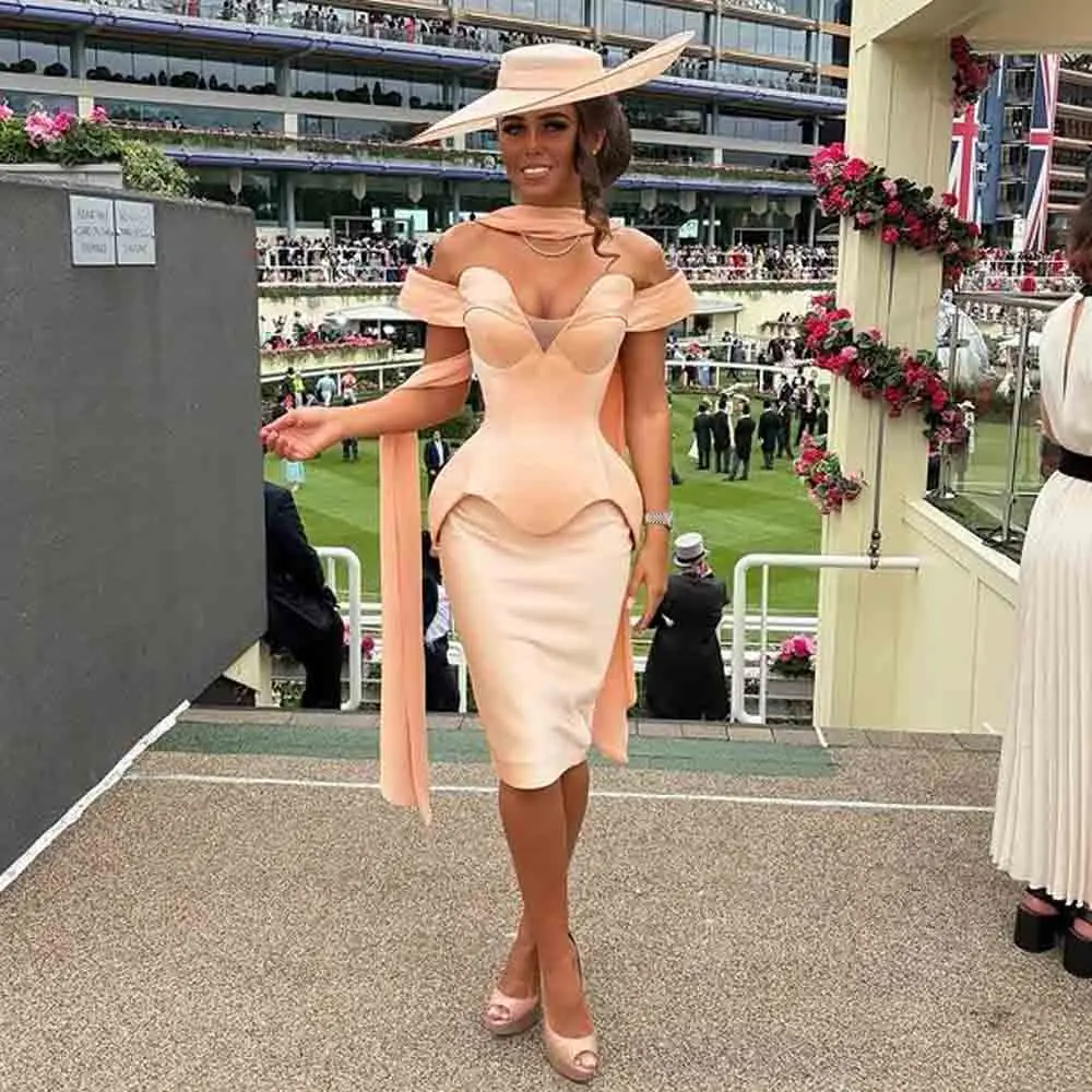 Customized Off Shoulder Corset Prom Party Gown Ruffle Peplum Mini Formal Cocktail Dress with Scarf Knee Length Outfit for Guest