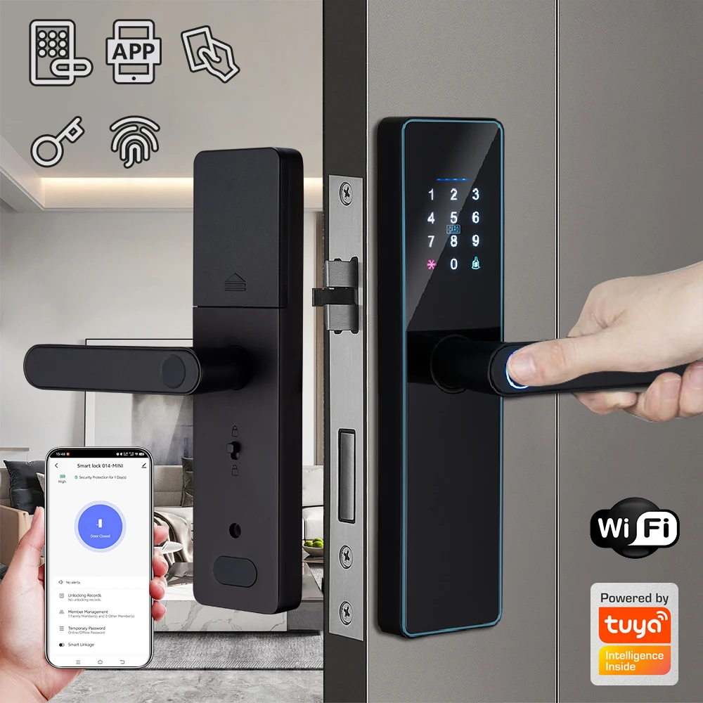 2025 New WiFi Tuya APP Smart Door Lock Remote Unlocking Digital Electronic Smart Home Wooden Door Lock Fingerprint Sound Quiet