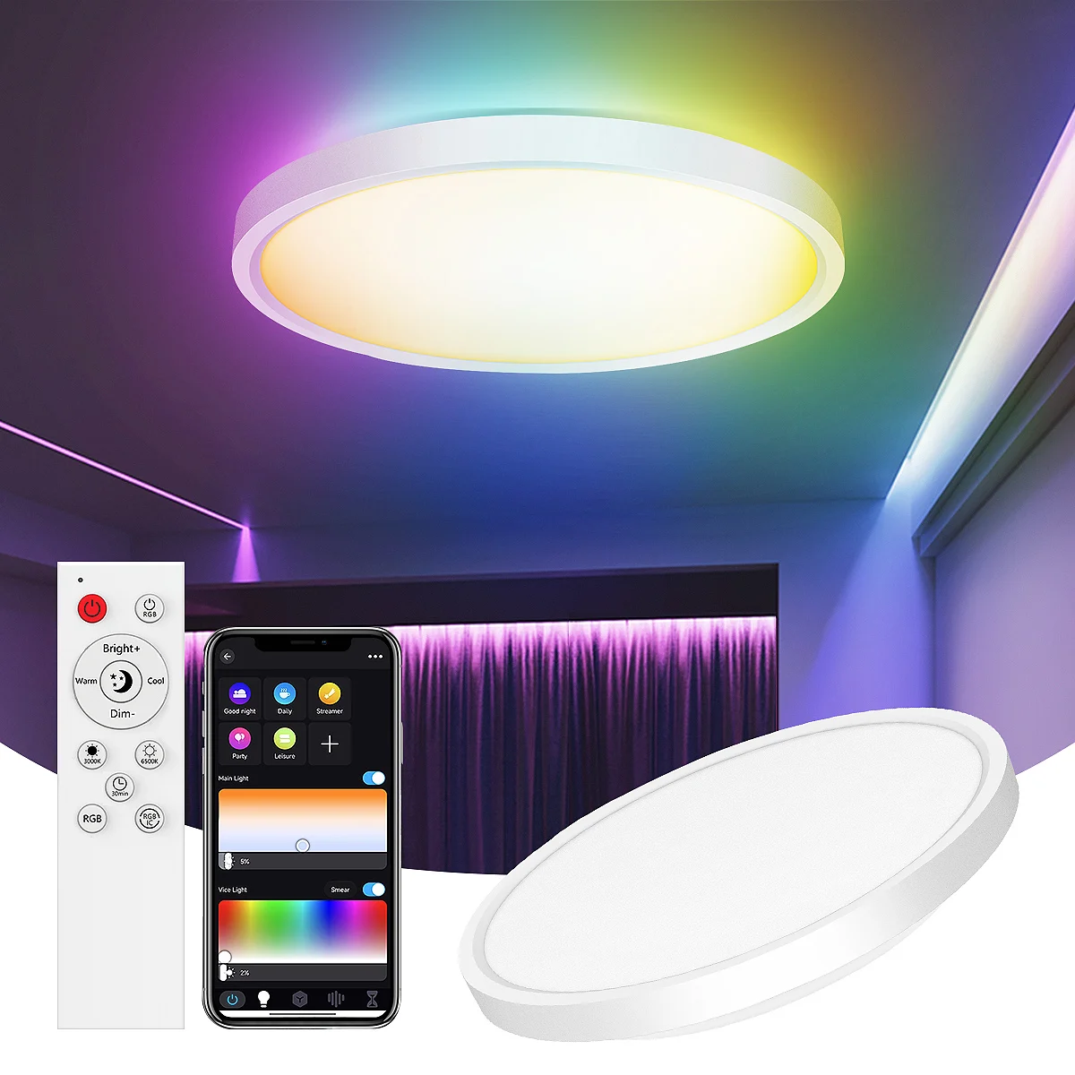 

Ceiling light RGBIC Smart, 24W 30cm LED ceiling light dimmable, ceiling lamp LED with 2700-6500K , compatible with Alex
