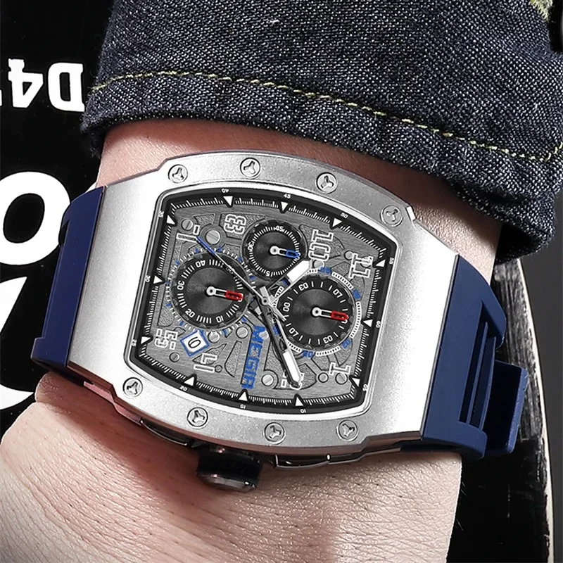 MEGIR 8411, мужские модные кварцевые часы, спортивные водонепроницаемые силиконовые ремешки, светящийся хронограф, роскошные часы для мужчин, reloj hombre