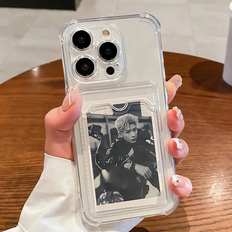 Transparent Card Slot Bag Holder Phone Case For iPhone 16 15 14 13 12 11 Pro Max XR Clear Wallet Silicone Shockproof Back Cover