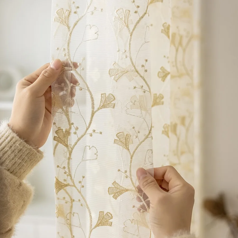 High-end Water-soluble Embroidery Light Luxury Ginkgo Leaves Custom Size Luxury Curtains for Living Dining Room Bedroom Sheer