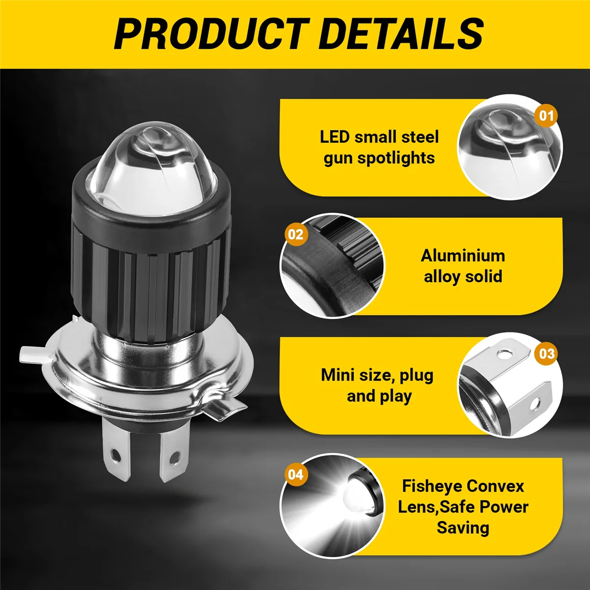 Mini farol de projetor LED para motocicleta, H4, lâmpadas de farol, cores duplas, branco, amarelo, ATV, scooter, E-Bikes, lâmpada de luz principal