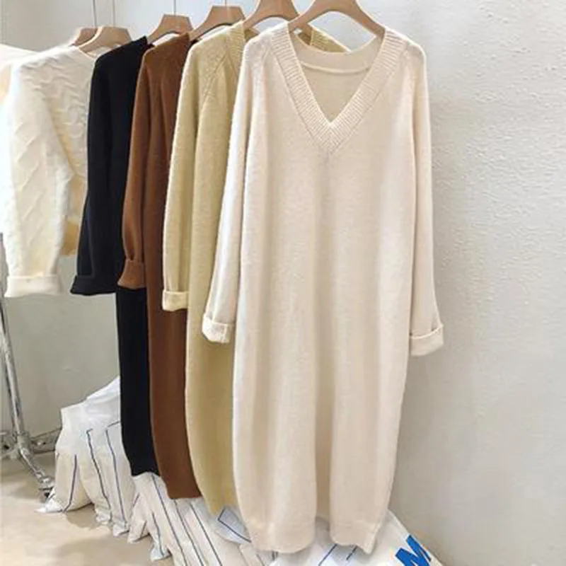 

Oversized V-Neck Women Straight Dress 2024Fall Winter Loose Pullover Knitted Elegant Sweater Dress Solid Long Party Dress Female