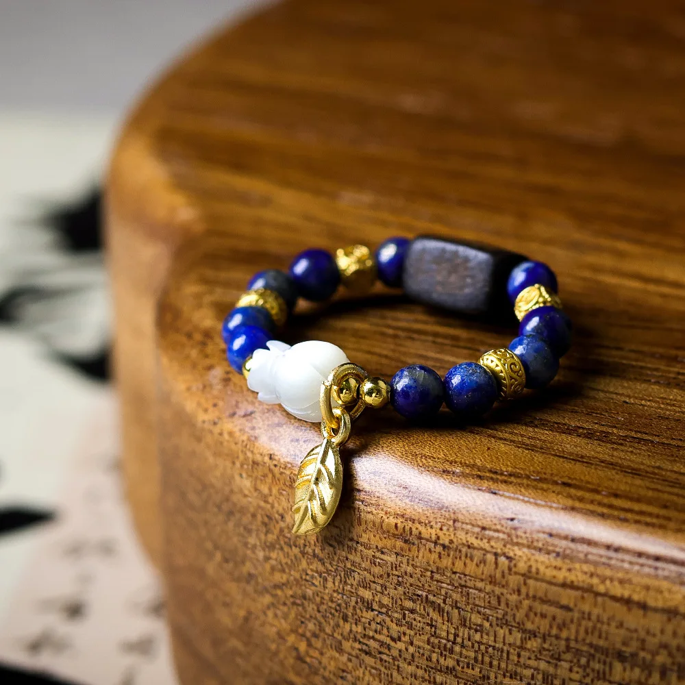 

Hand-woven Lapis lazuli pearl shell Chinese style ring, cultural relic, Dala dry agarwood original design ring