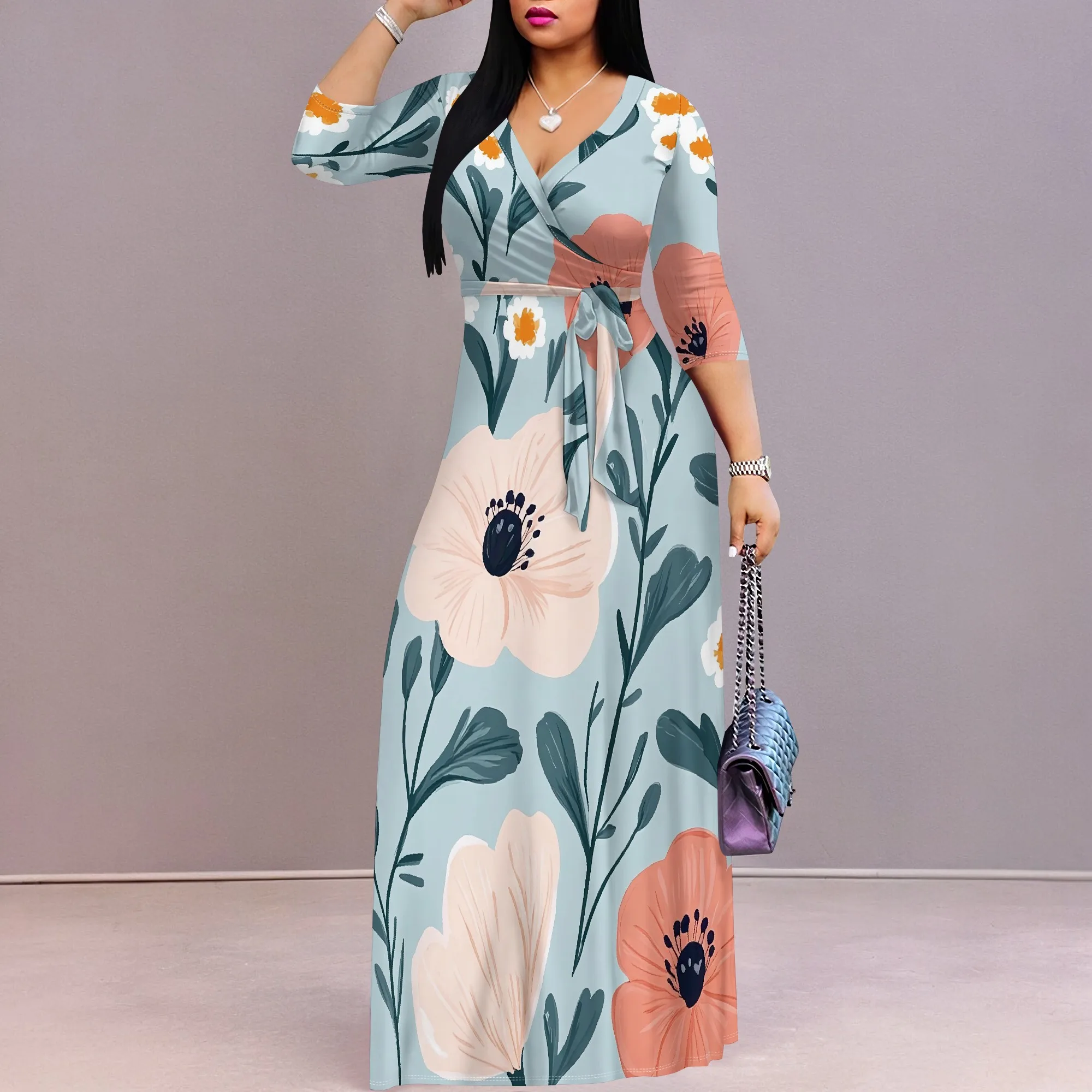 

Summer Fashion Printed Short Sleeve Maxi Dress for Women Short Sleeve Long Dress Cocktail Party Loose Casual Dresses