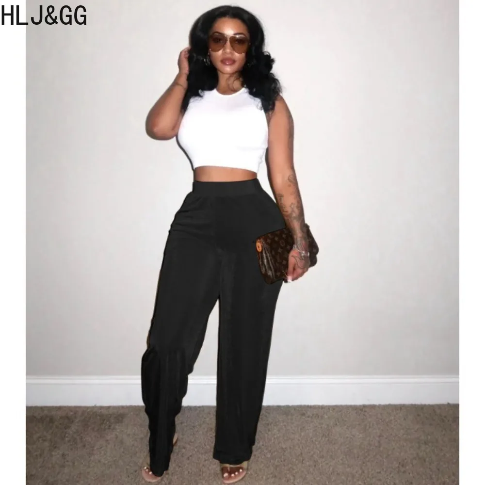 HLJ&GG Fashion Velvet Loose Wide Leg Pants Women Elastic High Waist Straight Trousers Casual Female Solid Color Matching Bottoms