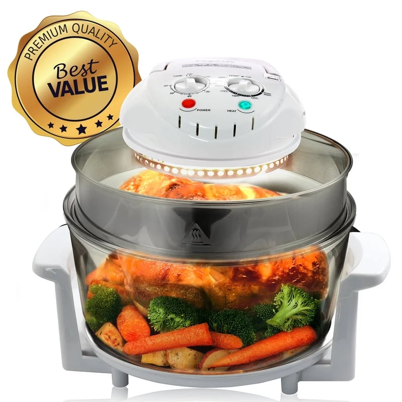 14 Inch Halogen Oven Air Fryer Rotisserie Roaster Automatic Shut-Off Easy Clean Glass Bowl Countertop Multipurpose Cooking