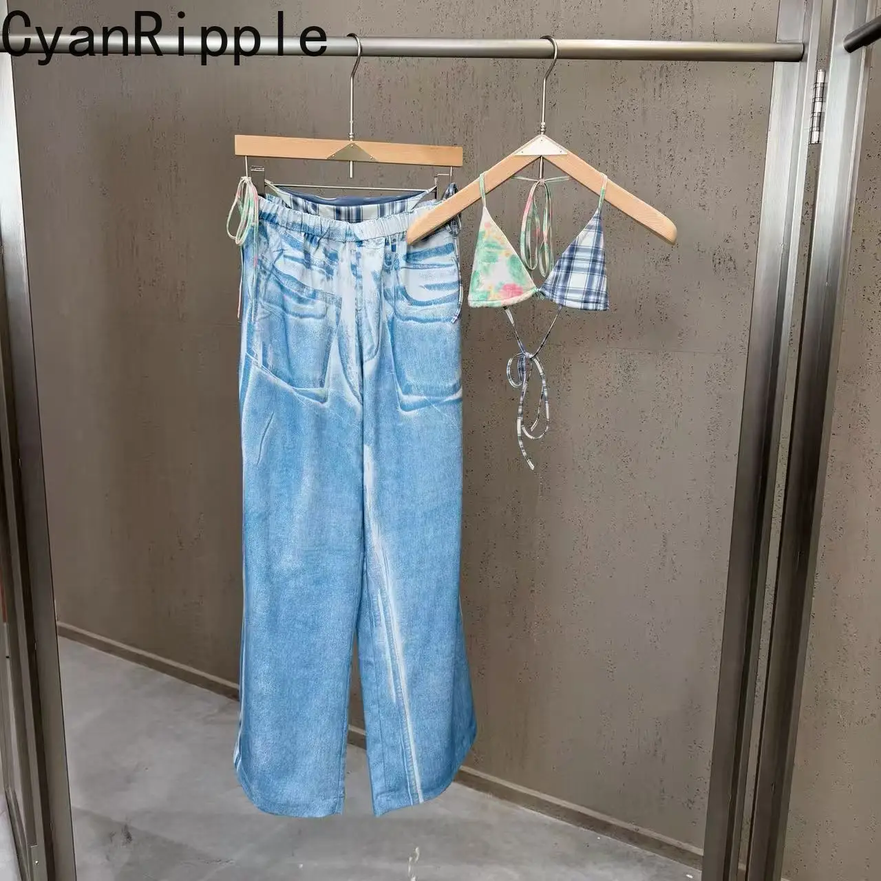 

High Street Spring Summer Hot Chick Two-piece Set Colorful Neck Hanging Suspender Corset + Drawstring High Waist Wide Leg Pants