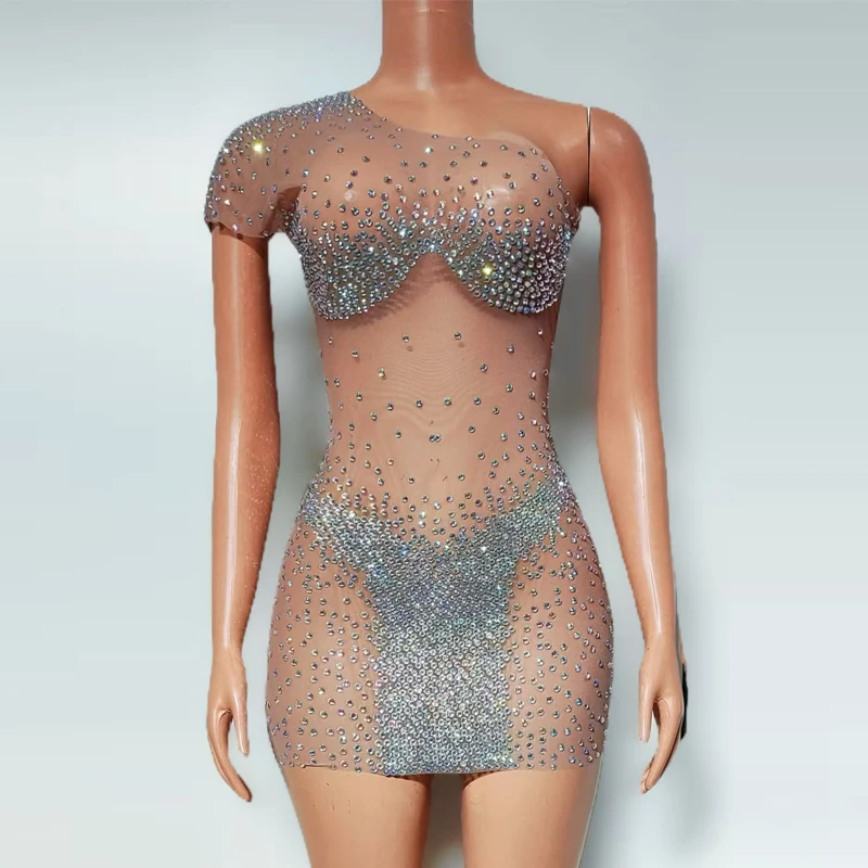 

Single Sleeve Gogo Dance Costume Sexy Mesh Rhinestones Mini Dress Women Festival Evening Dresses Bar Ds Dj Stage Wear XS9551