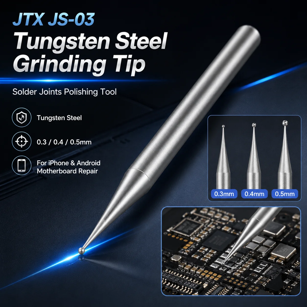 JTX JS-03 Tungsten Steel Grinding Tip 0.3/0.4/0.5mm Ball Head Solder Joint Polishing Bit for Phone PCB Repair