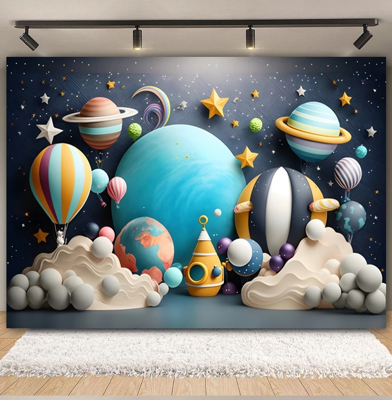 Outer Space Universe Balloons Photography Backdrop Astronaut Planet Boy Girl Baby 1st Birthday Party Cake Smash Photo Background