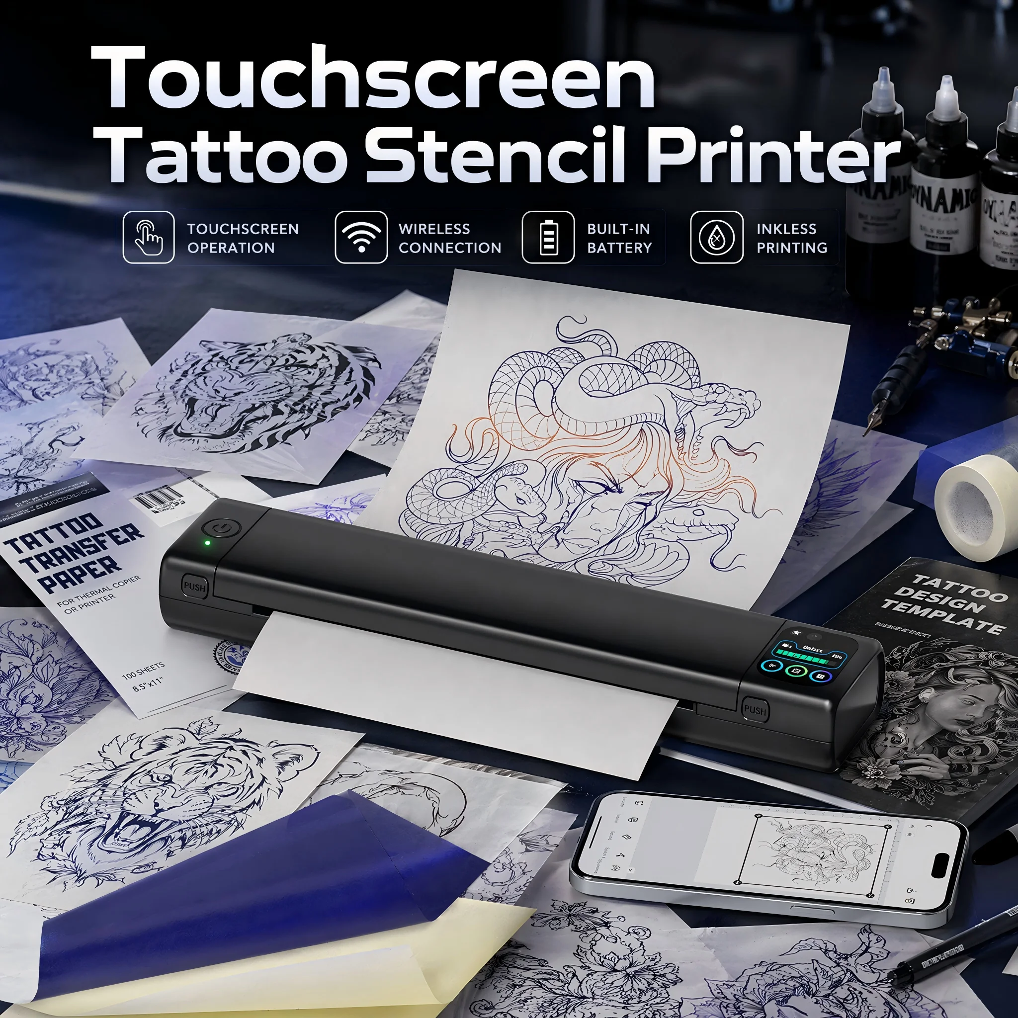 Phomemo M08F Plus Tattoo Stencil Printer, Wireless Bluetooth Thermal Transfer Printer with Touchscreen, 10pcs Transfer Paper