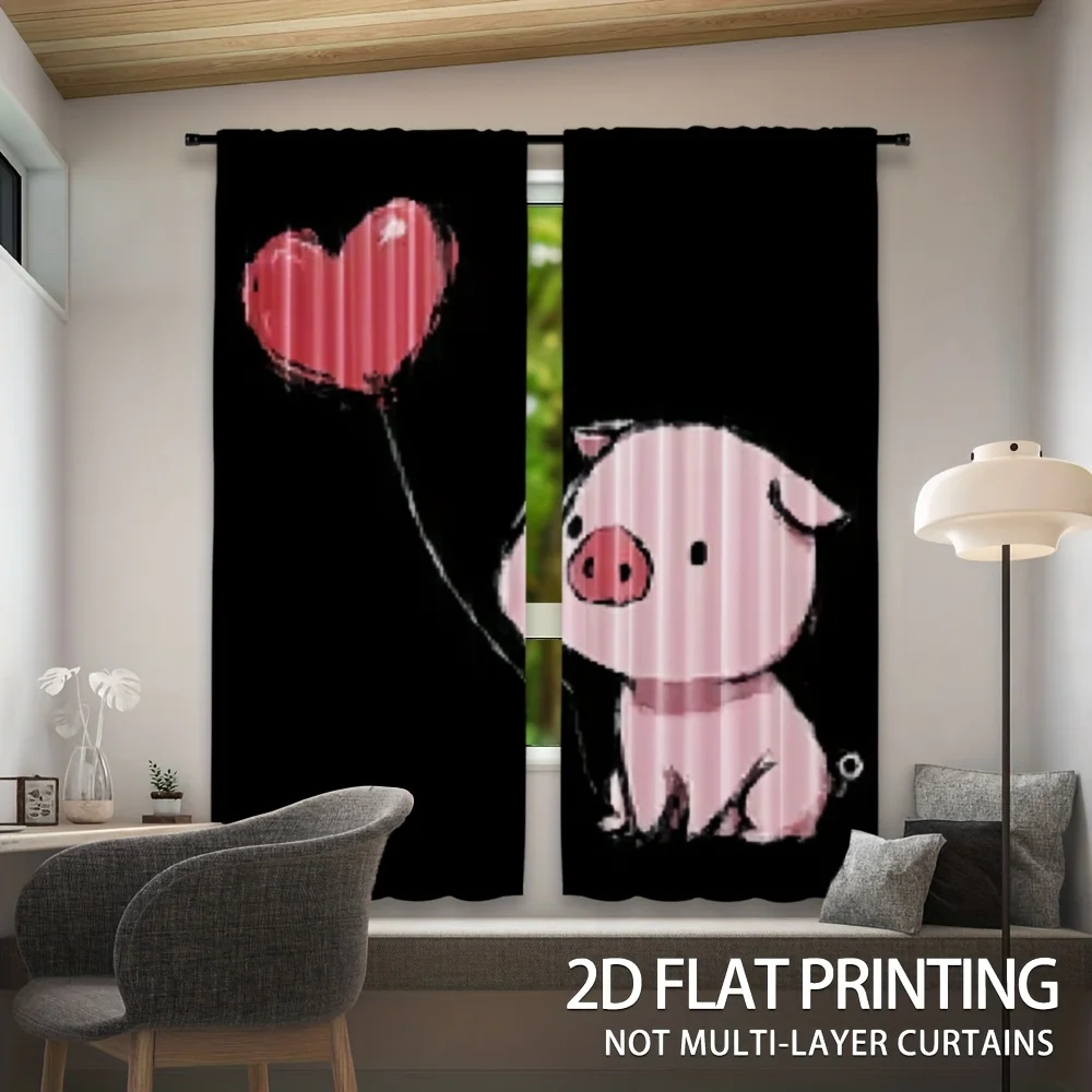 Set of 2 Polyester Curtains Featuring an Adorable Pig And Heart Balloon Design Designed with a Rod Pocket These Light-Filtering