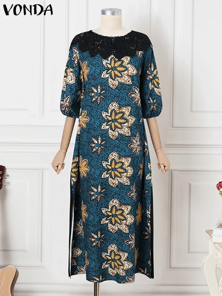 

Plus Size VONDA 2025 Summer Dress Vintage Floral Printed Puff Sleeve Split Long Vestido Lace Patchwork Sundress Beach Maxi Robe