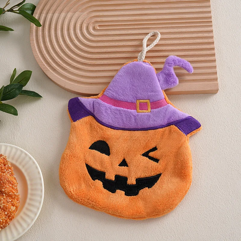 Halloween Coral Velvet Cartoon Pumpkin Head Towel Hanging Kitchen and Bathroom Can Use Water Absorption Quick Drying