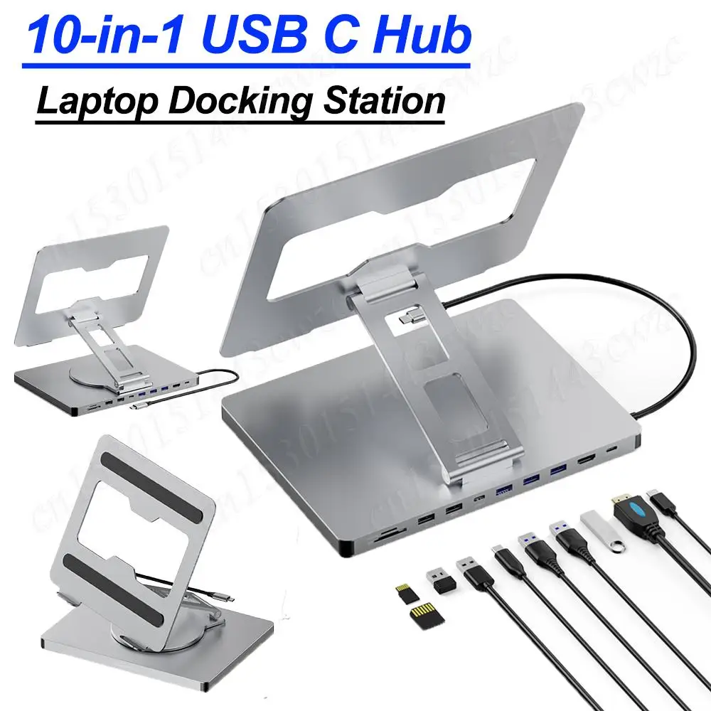 10-in-1 USB C Hub USB C Laptop Docking Station Stand HD PD 3.0 USB3.0 RJ45 TF/SD Reader Laptop Stand for MacBook/Dell/HP/Surface