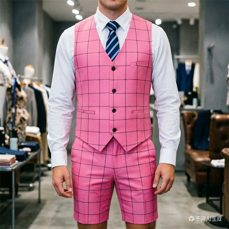 Spring and Summer New Pink Checkered Vest Shorts Two-piece Set, Perfect for Both Business and Leisure, Shining Summer Party!